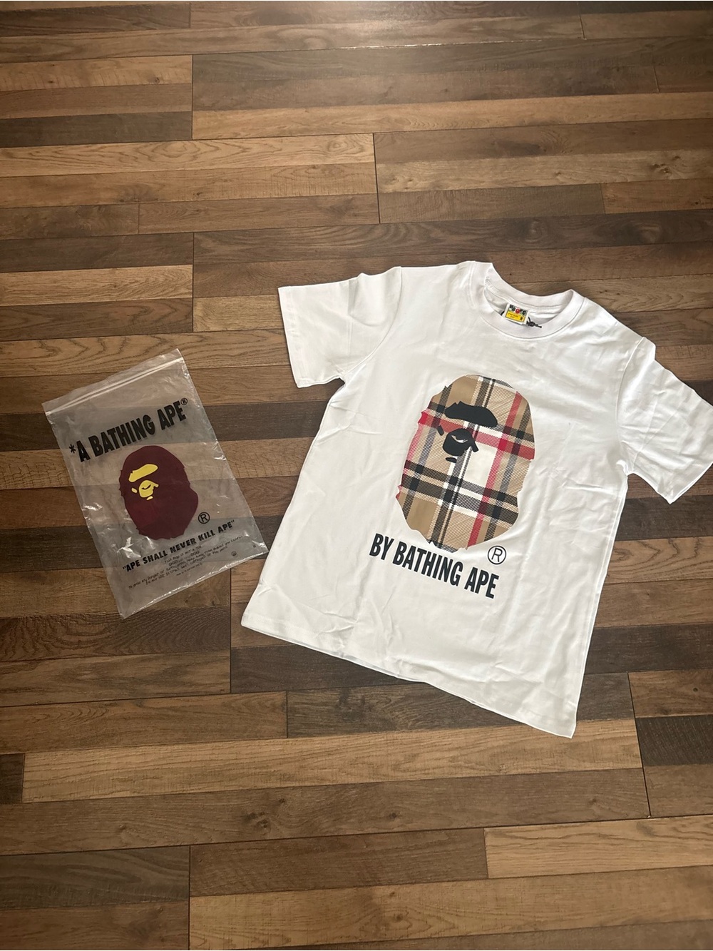 Bape White T-Shirt with Beige Plaid Ape Head Graphic